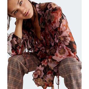 Free People Tilly Ruffle Front Blouse In Floral Print Long Sleeve Bohemian Large